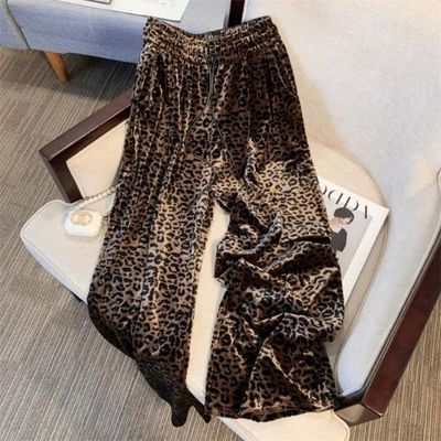 Leopard striped lace up wide leg pants豹纹印花系带高腰阔腿裤