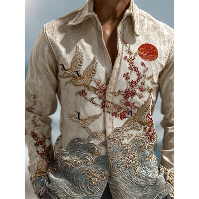 翻领印花长袖纽扣T恤 Flip collar printed long sleeved T-shirt