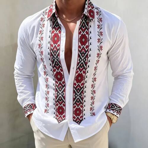 纽扣翻领印花长袖衬衫 Flip collar printed long sleeved shirt