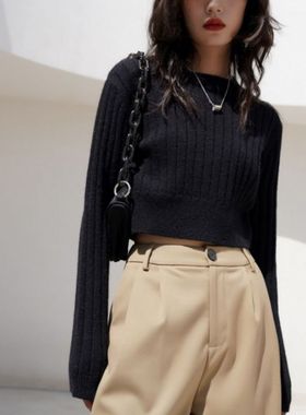 Round neck solid pit stripe long sleeves圆领纯色坑条长袖上衣