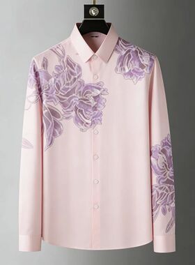 Men's Loose Natural Plant Rose Print Shirt Long Sleeve Lapel
