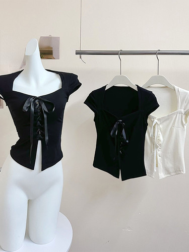 Strap square neck split open navel top女绑带方领开叉露脐上衣