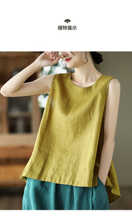 Loose Linen Top Sleeveless Tank Solid亚麻背心宽松吊带女