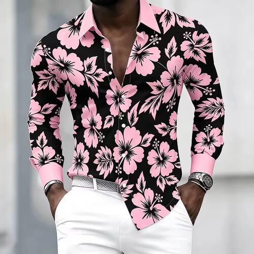 翻领多色印花长袖衬衫Multi colored printed long sleeved shirt