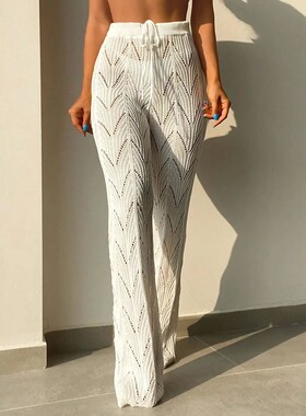 Solid hollow lace up straight leg pants 纯色镂空系带直筒裤女