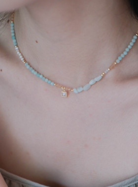 《泉水叮咚》夏季小清新彩色多巴胺天然石水晶珍珠串珠项链锁骨链