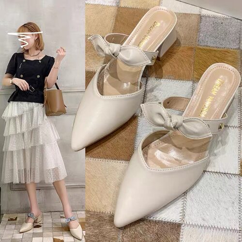 包头半拖鞋女2025夏季韩版尖头粗跟中跟外穿女鞋百搭配裙子高跟鞋