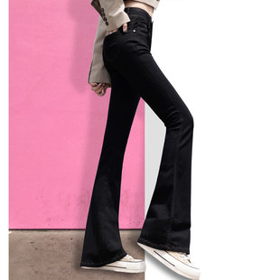 高腰加绒微喇叭牛仔裤女加长版高个子阔腿2025秋冬黑色显瘦喇叭裤