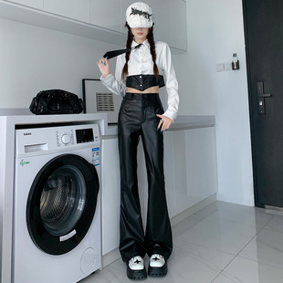 小个子辣妹黑色微喇皮裤女2025秋季新款PU皮休闲裤直筒喇叭拖地裤