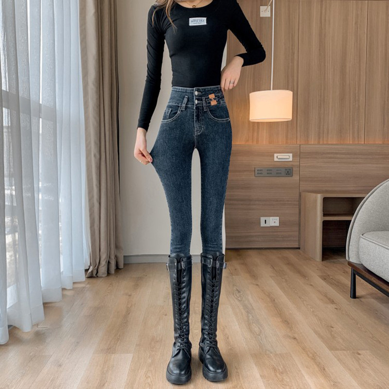 韩版烟灰色牛仔裤女春秋高腰三排扣显高显瘦小脚紧身裤弹力铅笔裤