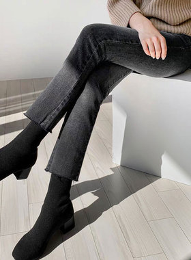 烟灰色八分牛仔裤女2025春夏薄款高腰阔腿宽松显瘦九分烟管直筒裤