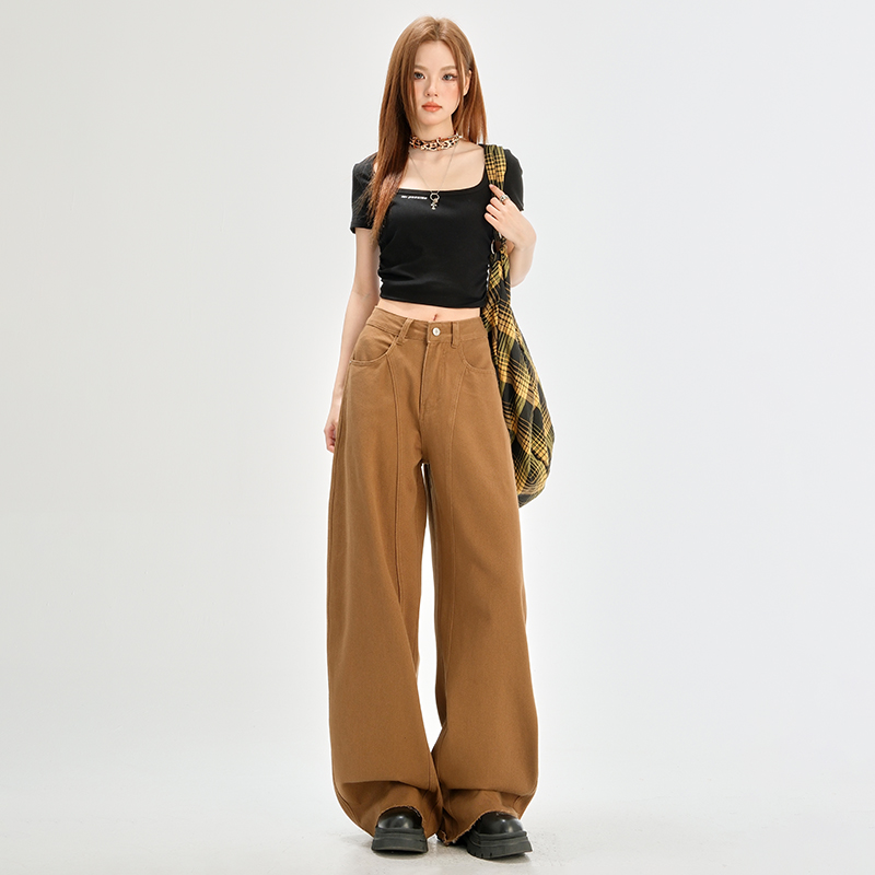 深卡其色窄版牛仔裤女2025秋季新款加厚高腰宽松直筒休闲阔腿裤子