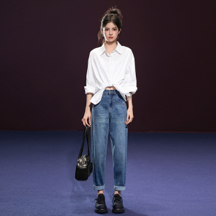 高腰哈伦牛仔裤女款春秋季2026新款宽松老爹直筒显瘦大码胖mm裤子