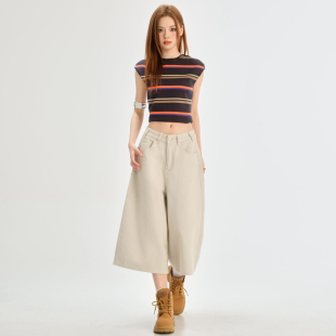 女宽松显瘦直筒中裤 奶咖色阔腿七分牛仔短裤 子 美式 2025年春夏新款