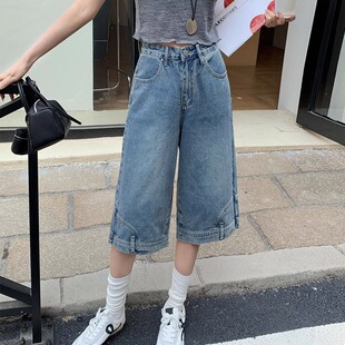 美式复古牛仔短裤女2025夏季薄款倒装反穿男友风宽松辣妹六分中裤