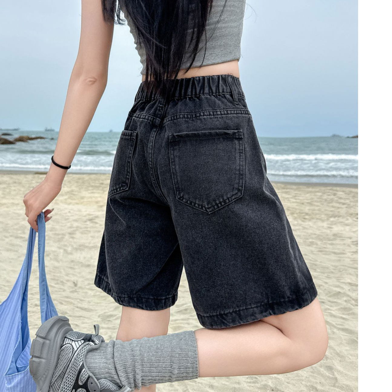 黑色薄款松紧腰五分牛仔短裤女夏图片