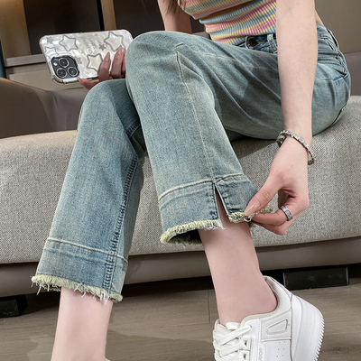 开叉毛边牛仔裤女加绒2025春秋烟