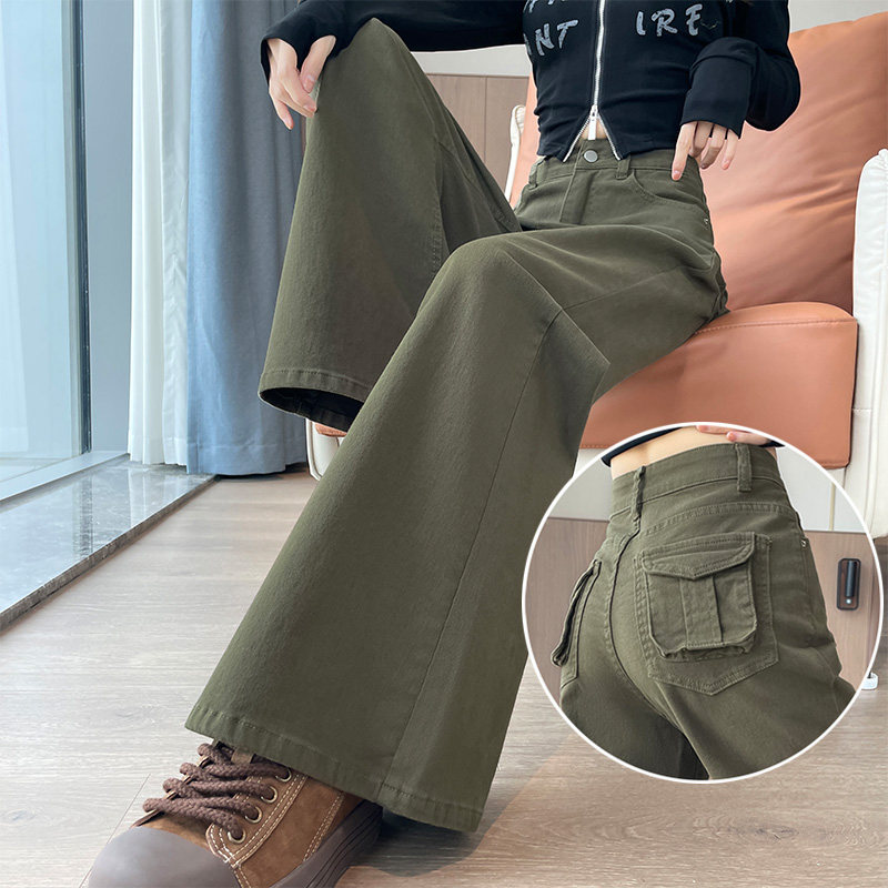 军绿色美式工装微喇牛仔裤女2025秋冬季高腰宽松弹力马蹄喇叭裤子