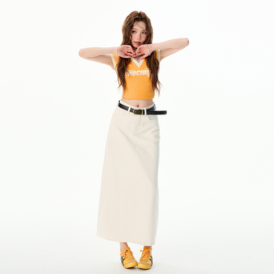 小个子中长款米白色牛仔半身裙