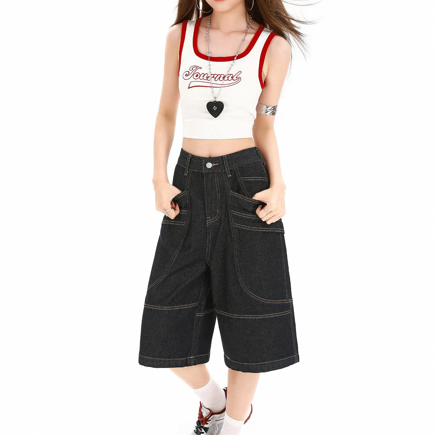 明线五分牛仔短裤女2026夏季设计图片