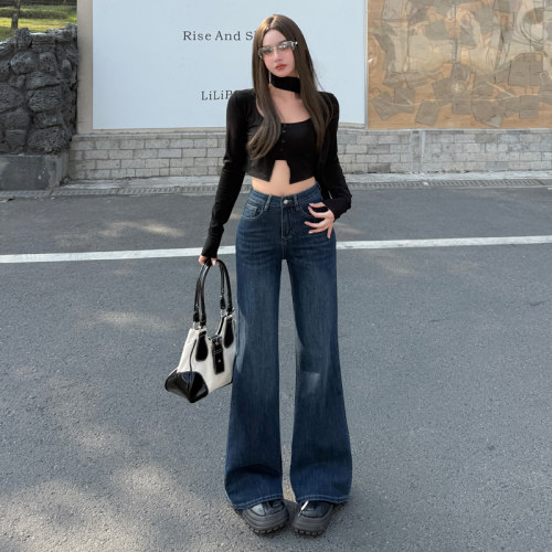 深蓝高腰显瘦微喇叭拖地牛仔裤女