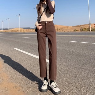 子 高腰弹力小个子九分烟管裤 美拉德棕色直筒牛仔裤 女2026春夏新款