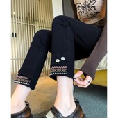 黑色国风绣花拼接八分直筒牛仔裤 女春夏小个子150显高九分烟管裤