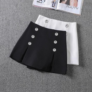 黑色水钻双排扣半身裙女2025夏秋新款 高腰显瘦开叉a字包臀短裙裤