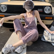 紫色工装背带牛仔裤女春夏薄款2025新款宽松显瘦减龄甜酷连体裤子