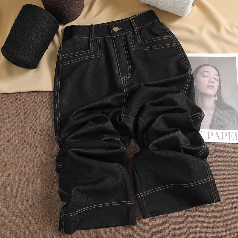 2025秋冬季加绒加厚黑色牛仔裤