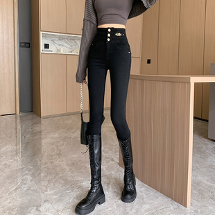 显瘦铅笔 修身 黑色高腰牛仔裤 女排扣收腹紧身小脚2025秋冬女士新款