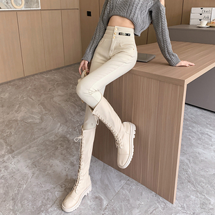白色超高腰牛仔裤女春秋季2026年新款修身显瘦紧身女士铅笔裤子