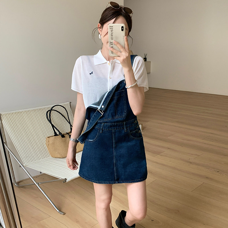 深蓝色复古牛仔背带连衣裙女2026夏季薄甜酷少女短裙宽松工装裙子