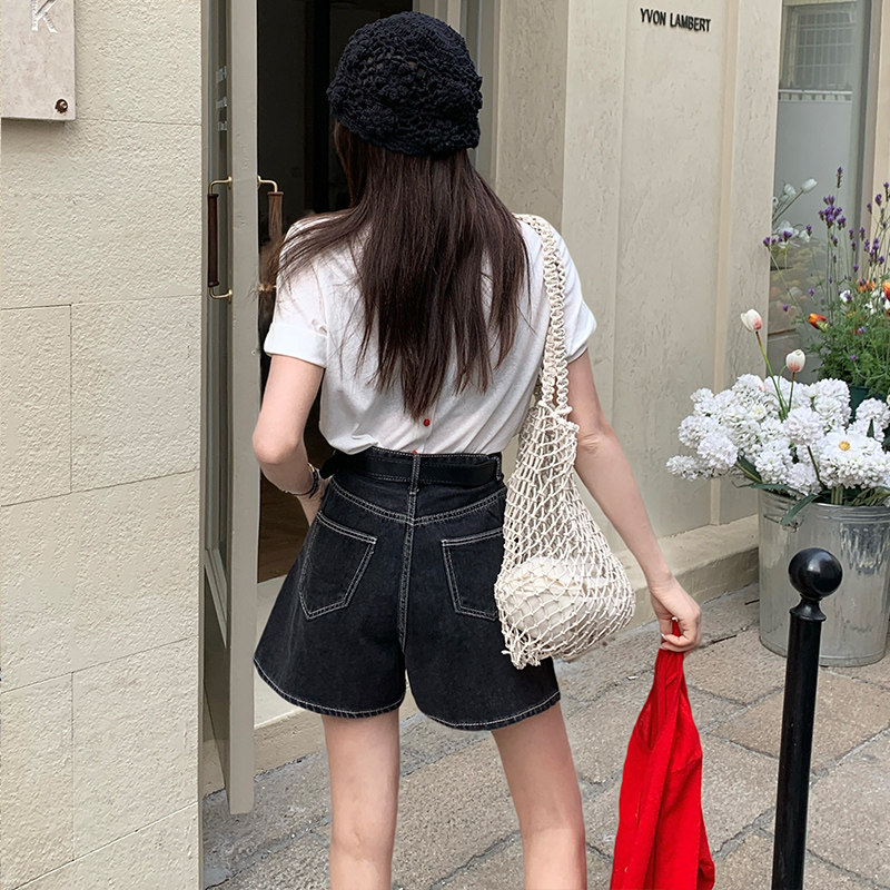 黑灰色牛仔短裤女2025夏季薄款阔腿遮胯收腹显瘦收褶a字辣妹热裤