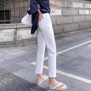 白色烟管直筒牛仔裤女2026年春秋新款小个子女士弹力加绒法棍裤子