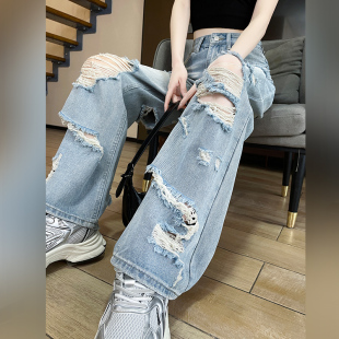 复古前后破洞阔腿牛仔裤女2026夏薄款高腰设计感辣妹乞丐裤直筒裤