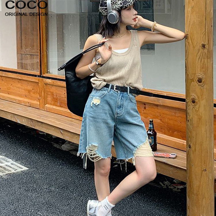 蓝色牛仔五分裤女2025秋季新款设计感小个子辣妹显瘦直筒破洞中裤,女装/女士精品,牛仔裤,淘宝优惠券,粉丝福利购,淘宝优惠卷