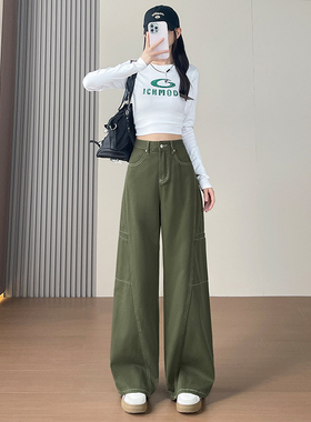 军绿色明线工装牛仔裤女2026春秋新款高级感休闲直筒阔腿弯刀裤子