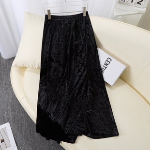 加肥加大码胖mm金丝绒半身裙女2025秋冬宽松中长款垂感流光花瓶a