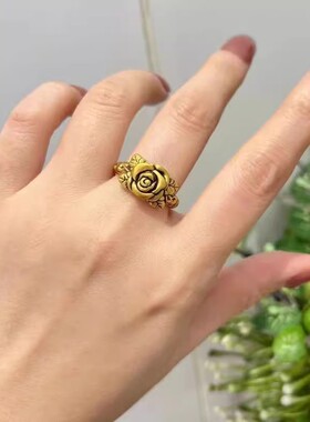 新款金色玫瑰花戒指女士潮酷复古