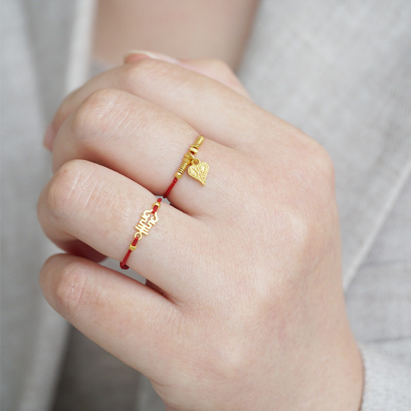 本命年红绳戒指可调节黄金色喜字超细指环手工编织复古百搭ins风