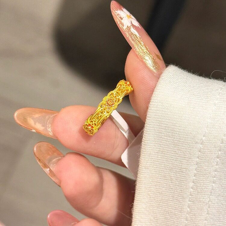 古法黄金色珐琅小花戒指女