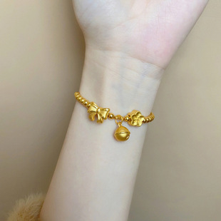 黄金色蝴蝶结手链女 新款桃花铃铛满圈金珠手串生日送女友礼物