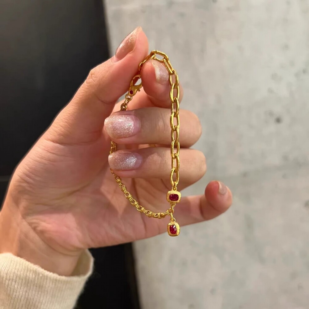 中古时尚百搭烧蓝链手链黄金色红