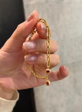 中古时尚百搭烧蓝链手链黄金色红