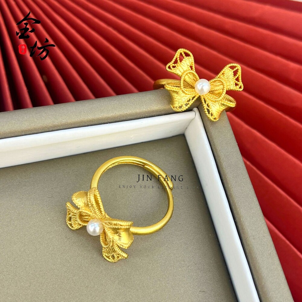 久不掉色沙金999珍珠蝴蝶结戒指