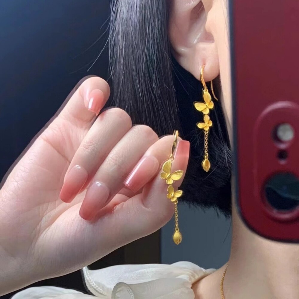 新款设计黄金色流苏蝴蝶结耳环气