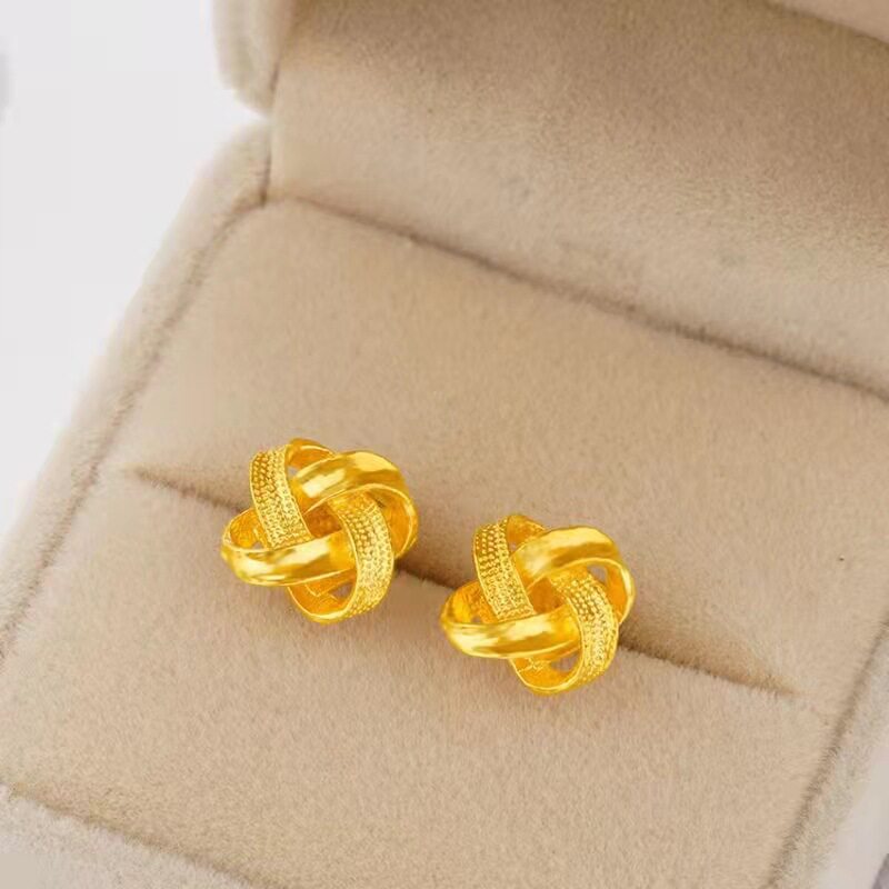 金店同款沙金古法如意中国结耳钉女款黄铜镀金简约时尚设计感耳饰