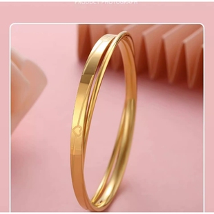 金色双环双层叠戴爱心手镯镀18K金送女友小众轻奢时尚节日送女友