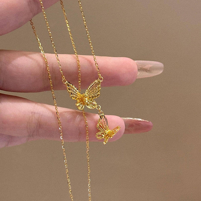 古法黄金色双蝴蝶项链小众轻奢感2025新款轻奢高级感日常气质百搭